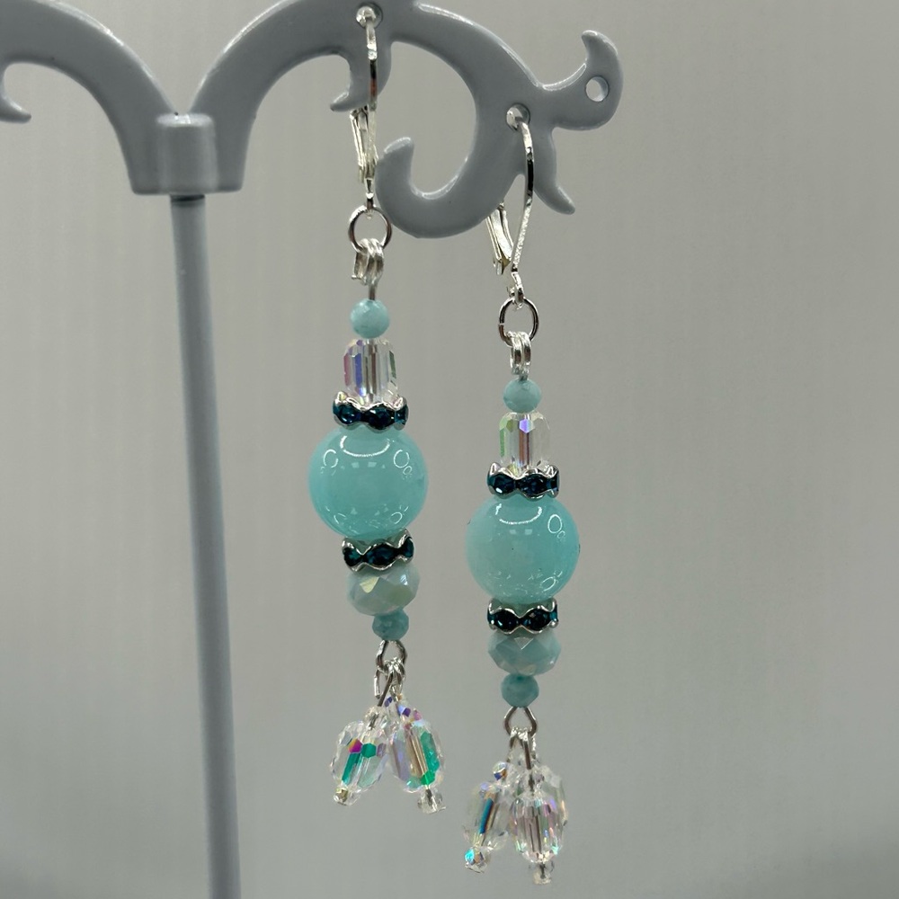 Aqua Chalcedony Microcrystalline Quartz & Crystals Blue Beaded Dangle Earrings